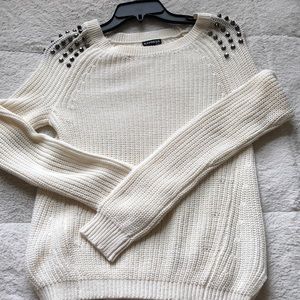 Express cream sweater with fun studs on shoulders